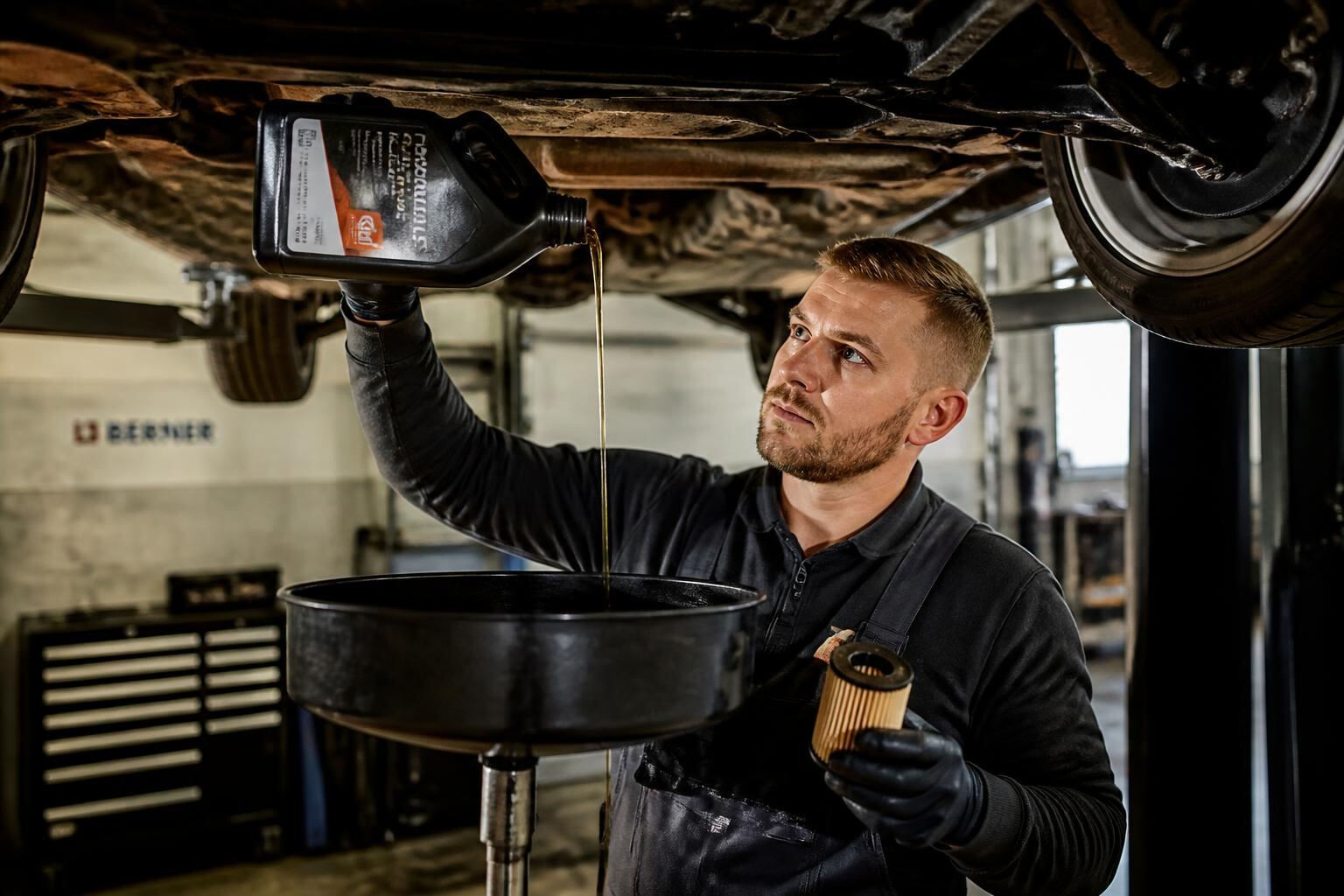 Mekaniker på Däck Dax byter motorolja och oljefilter i Göteborg